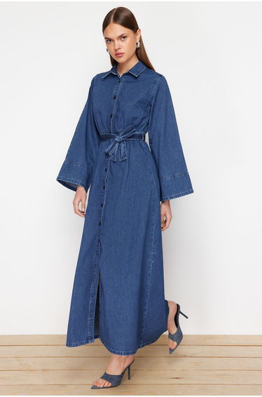 Dark Blue Shirt Maxi Denim Dress