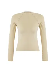 Stone Button Detailed Stand Collar Fitted/Body-Smoothing Knitted Blouse