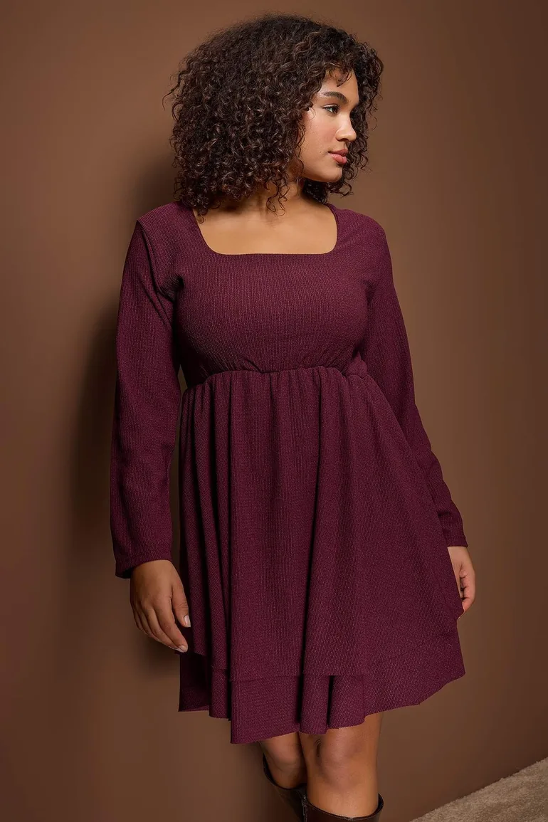 Plum square neck skater/waist opening knitted plus size dress - 1