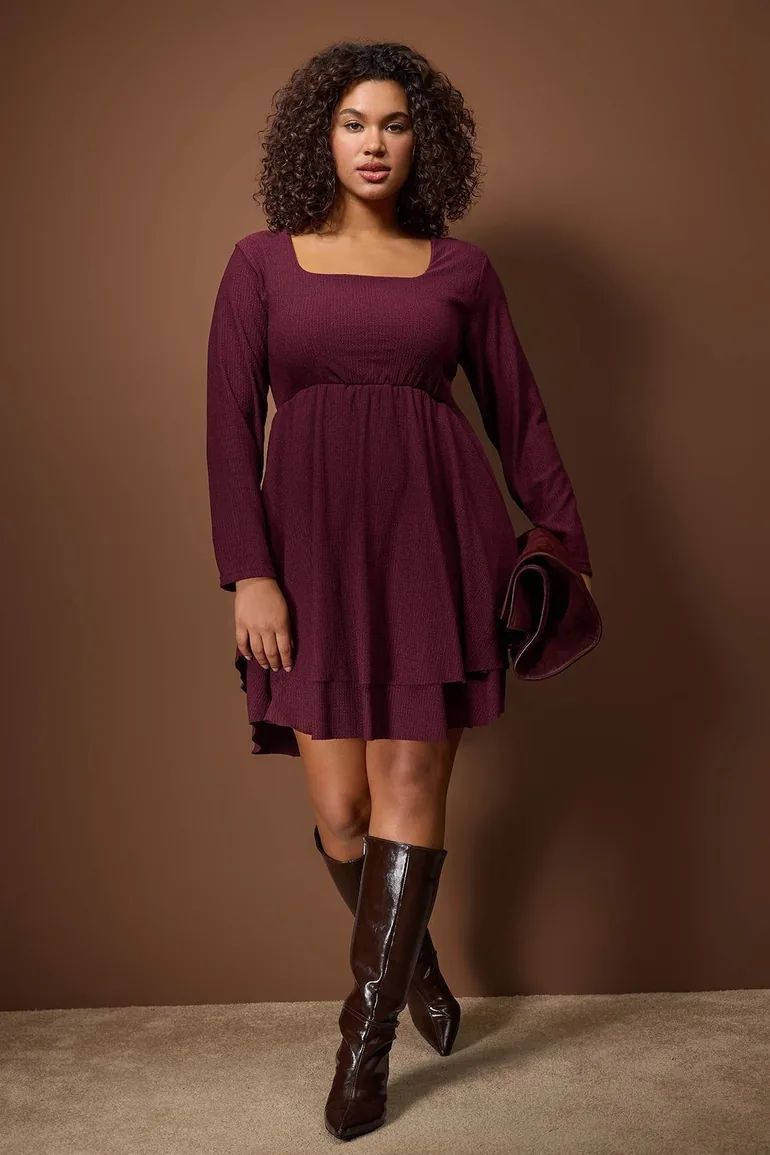 Plum square neck skater/waist opening knitted plus size dress