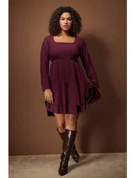 Plum square neck skater/waist opening knitted plus size dress