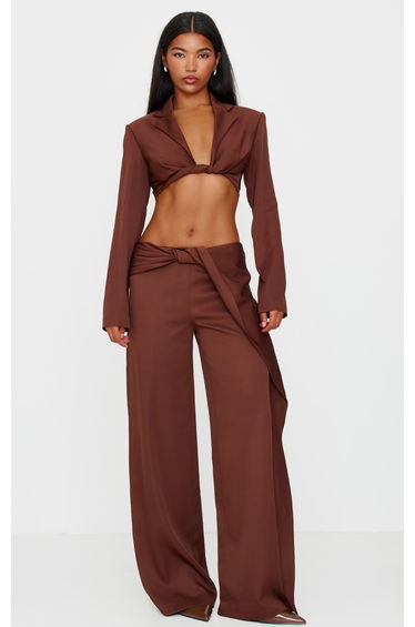 Chocolate Brown Twist Detail Long Sleeve Cropped Blazer