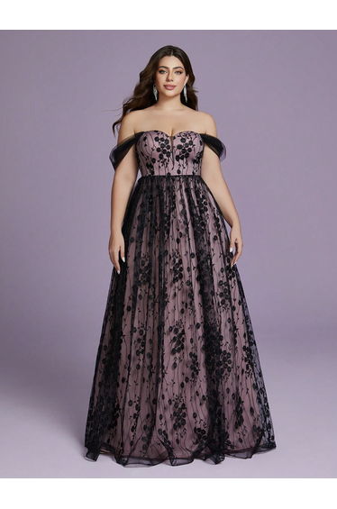 Leely Plus Women's Elegant Off the Shoulder Lace A-Line Dress