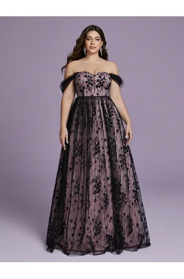 Leely Plus Women's Elegant Off the Shoulder Lace A-Line Dress