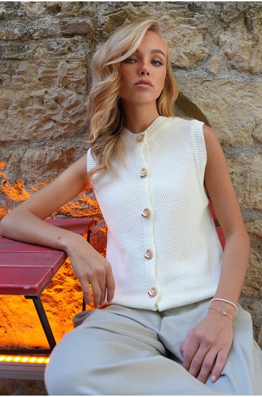 Women's Ecru Crew Neck Gold Buttoned Textured Knit Vest
