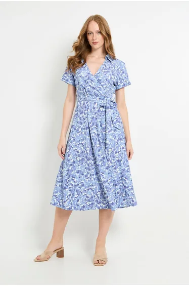 Abstract Jersey Roll Sleeve Belted Midi dress