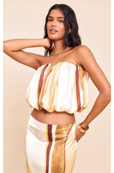 Multi Stripe Print Satin Puffball Bandeau Top