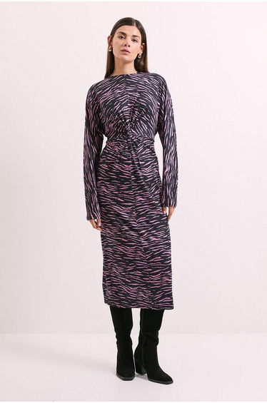 Pink Printed Twist Front Jersey Midi Dress