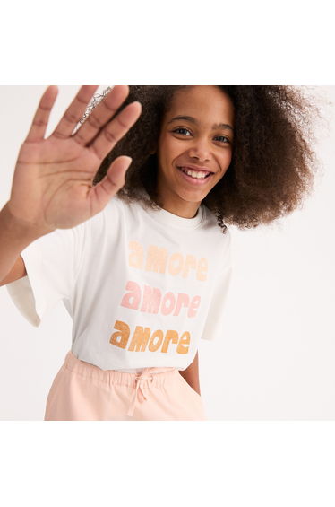 Short Sleeve Crew Neck T-Shirt with Glittery Slogan