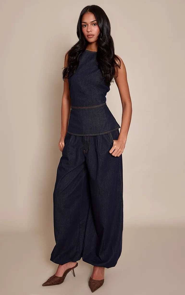 Tall Raw Indigo Sleeveless Peplum Denim Top