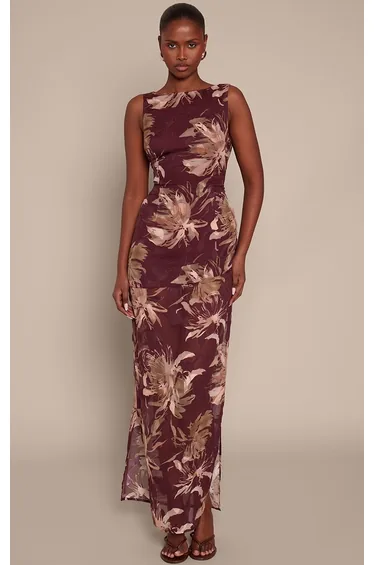 Burgundy Floral Burnout Chiffon Cowl Back Maxi Dress