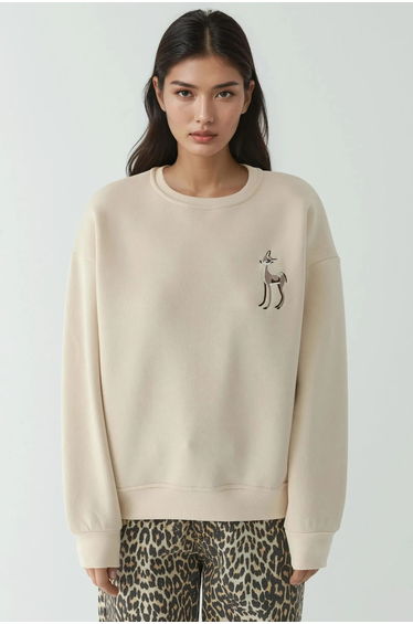 Comfort Animal Pattern Embroidered Crew Neck Sweatshirt