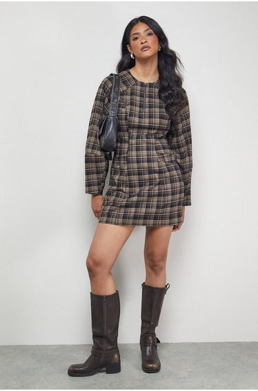 Check Structured Seam Zip Front Mini Dress