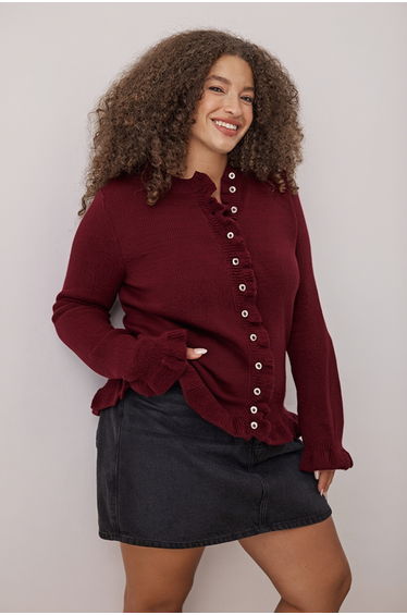 Burgundy button & ruffle detailed soft textured knit cardigan