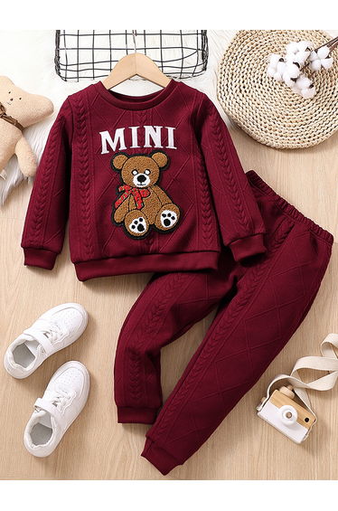 Burgundy Textured Bear Patchwork Sweatshirt and Joggers Set