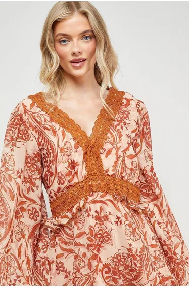 Printed Lace Detail Volume Boho Maxi Dress