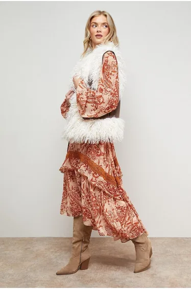 Printed Lace Detail Volume Boho Maxi Dress