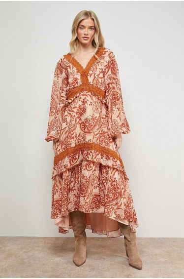 Printed Lace Detail Volume Boho Maxi Dress
