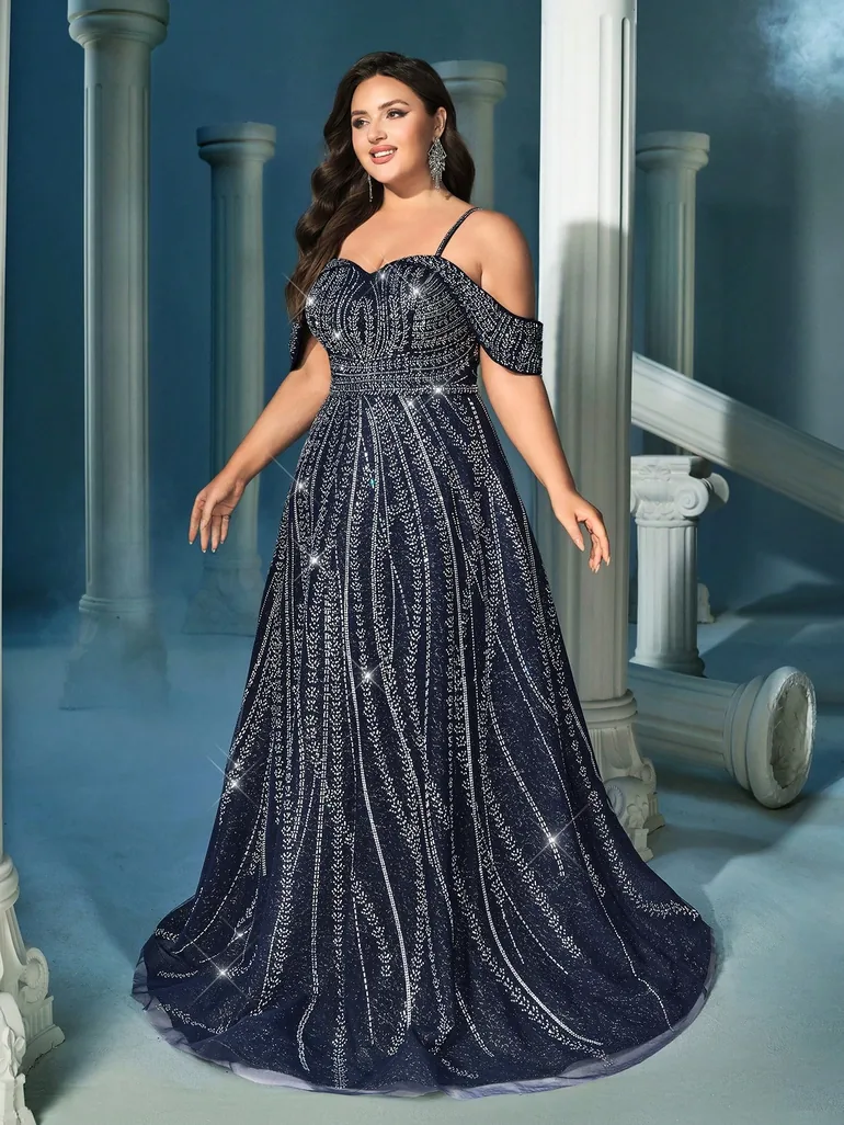 Gentle Fairy Navy Blue Plus Size Hot Drill Rhinestone Zipper Cold Shoulder Gown  Dress QOQ Navy : Dresses : VogaCloset Oman