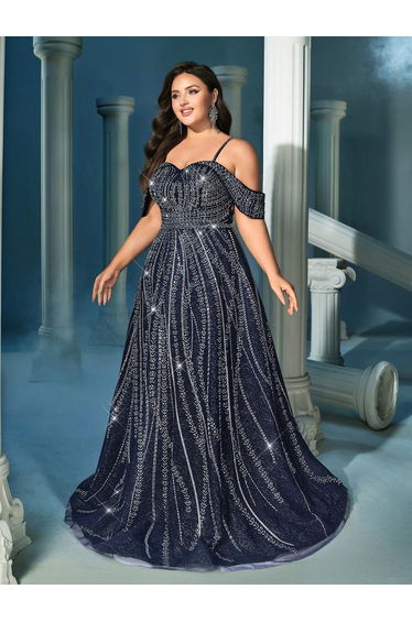 Gentle Fairy Navy Blue Plus Size Hot Drill Rhinestone Zipper Cold Shoulder Gown Dress