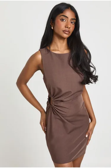 O Ring Ruched Detail Shift Dress - camel