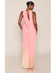 Peach Ombre Chiffon Back Drape Fringe Hem Maxi Dress - 2