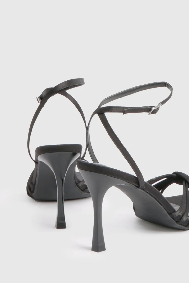 Satin Strappy Low Stiletto Heels - black - 3