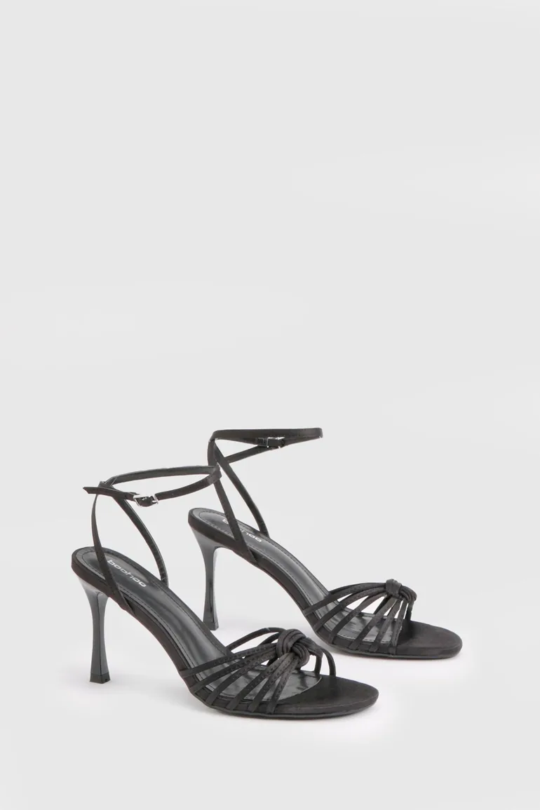 Satin Strappy Low Stiletto Heels - black - 1