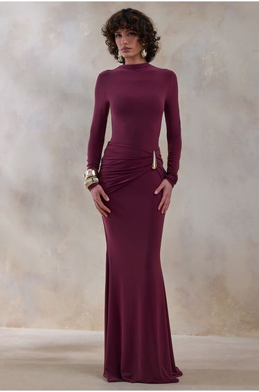 Solarium | Burgundy Long-Sleeve Maxi Dress With Gold Detail