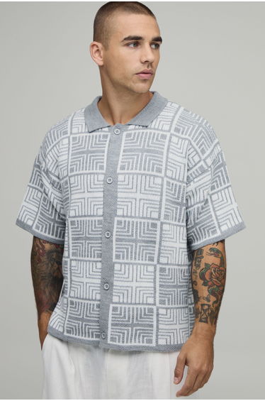 Boxy Square Patch Short Sleeve Knitted Shirt - grey