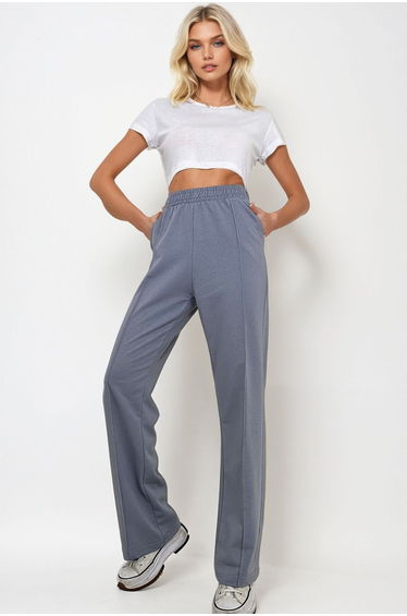 Women's Dyed Grey High Waist Front Grass Wide Leg Double Pocket Sweatpants