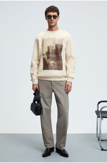 GRIMELANGE ALARIC Men's Crew Neck Front Printed Regular Fit Ecru Sweatshirt