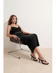 Black Tulle Detailed Knitted Sandy Midi Evening & Graduation Dress - 1
