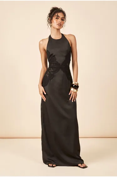 Satin & Lace Contour Panel Maxi Dress - black