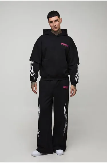Tall Oversized Faux Layer Moto Print Hoodie & Extreme Wide Leg Jogger Tracksuit - black