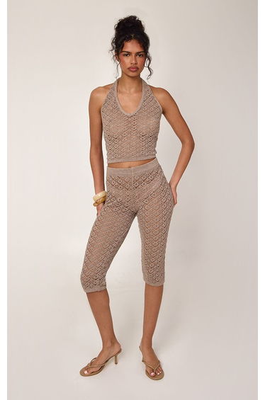 Taupe Crochet Knit Halterneck Top