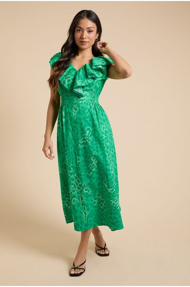 Petite Frill Neckline Lace Detail Printed Midi Dress