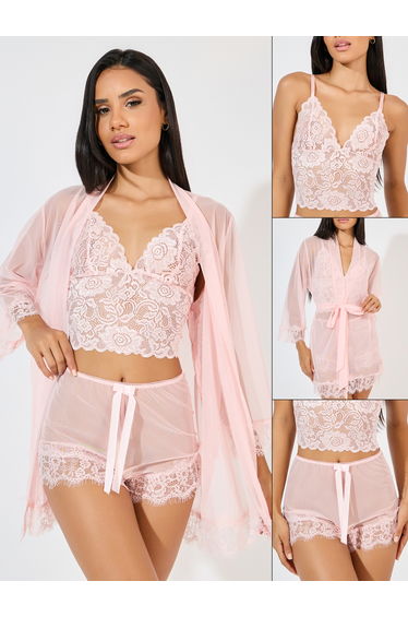 Pack of 3 - Lace Bralette- Mesh Shorts and Robe