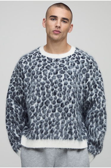 Oversized Boxy Brushed Animal Knitted Jumper - white