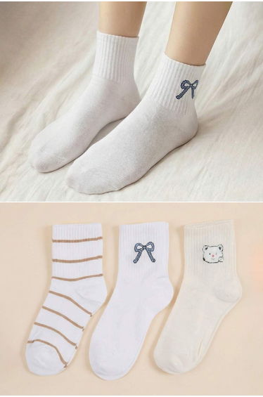 Ecru-Multicolor 3-Piece Striped Jacquard Knitted Socks
