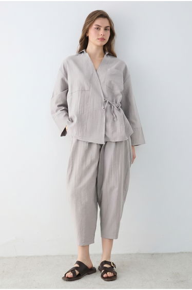Gray Double-Breasted Blouse Trousers Set