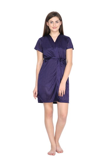 Women Navy Blue Satin Short Sleeve Robe