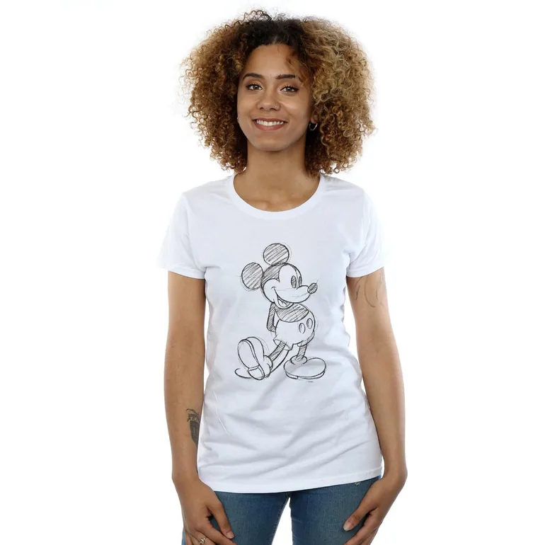 Disney Womens/Ladies Mickey Mouse Sketch Kick Cotton T-Shirt - White