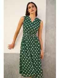 Yumi Green Polka Dot Mesh Wrap Skater Dress With Pockets - Green - 1