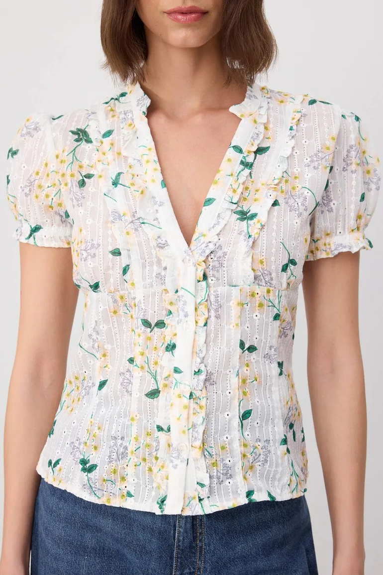 Ecru Patterned Floral Appliqué Ruffle Shirt - 2