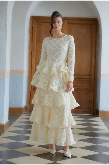 Halla Neutral Tiered Floral Lace Maxi Dress