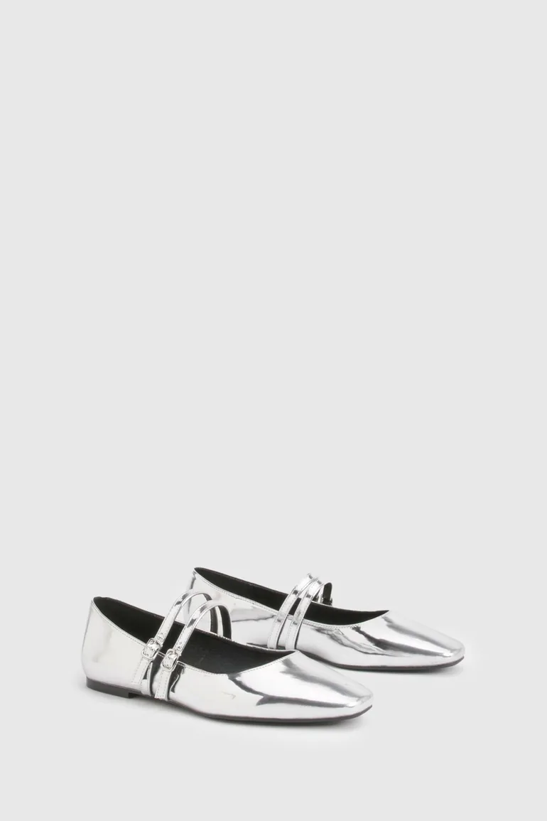 Wide Fit Double Strap Mary Jane Ballet Flats - silver - 1
