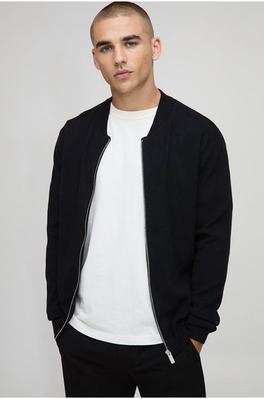 Regular Fit Smart Knitted Bomber Jacket - black