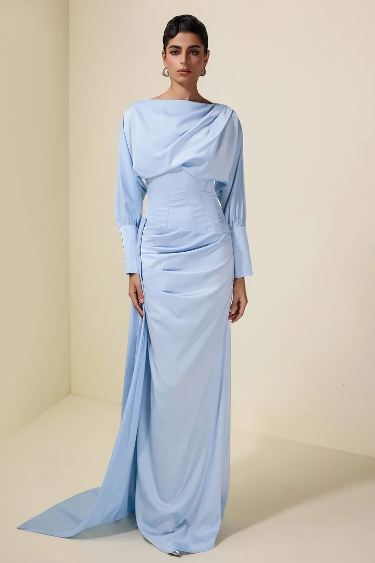 Satin Gathering Boat Neck Maxi Dress JardinVue Blue : Evening Dresses :  VogaCloset Iraq