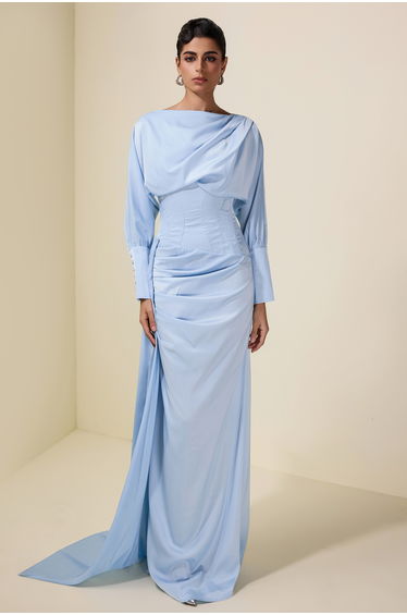 Satin Gathering Boat Neck Maxi Dress
